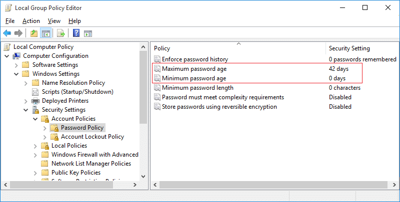 Change Maximum and Minimum Password Age in Windows 10