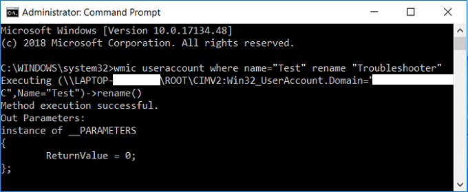 Change User Account Name in Windows 10 using Command Prompt