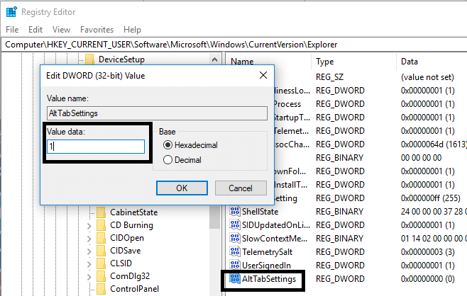 Change the Registry Values to Fix Alt+Tab Not Working