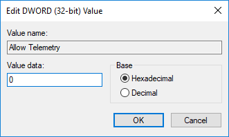 Change the Value of Allow Telemetry DWORD to 0