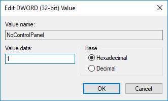 Change the Value of DWORD NoControlPanel to 1 then click OK