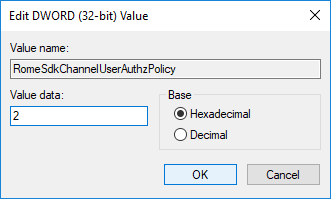 Change the Value of RomeSdkChannelUserAuthzPolicy DWORD to 2 in registry