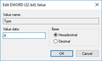 Change the Value of Start DWORD to 4 and click OK