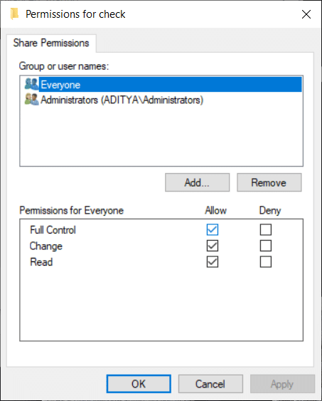 Change the permission settings for a specific group or user.