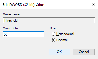 Change the value of DWORD Threshold to how many GB or MB you want to set for a default warning level