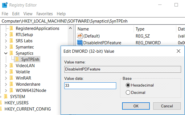 Change the value of DisableIntPDFeature to 33 under Hexadecimal Base | Automatically disable Touchpad when Mouse is connected