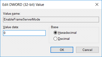 Change the value of EnableFrameServerMode to 0
