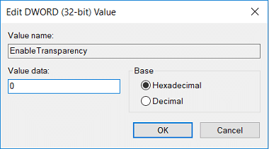 Change the value of EnableTransparency to 0 in order to disable the transparency effects