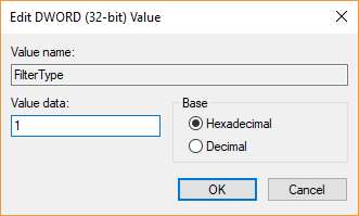Change the value of FilterType DOWRD to the following values | Enable or Disable Color Filters in Windows 10