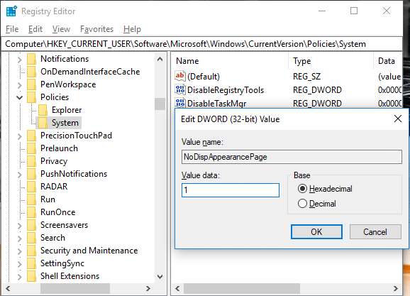 Change the value of NoDispAppearancePage to 1 to prevent changing color and appearance in Windows 10