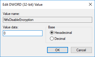 Change the value of NtfsDisableEncryption DWORD to 0