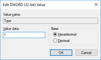 Modificare il valore di Type DWORD da 0 a 1 e fare clic su OK