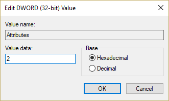 Change the value of value data field from 1 to 2