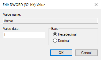 Change the value of Active DWORD to 1 to enable Color Filters in Windows 10