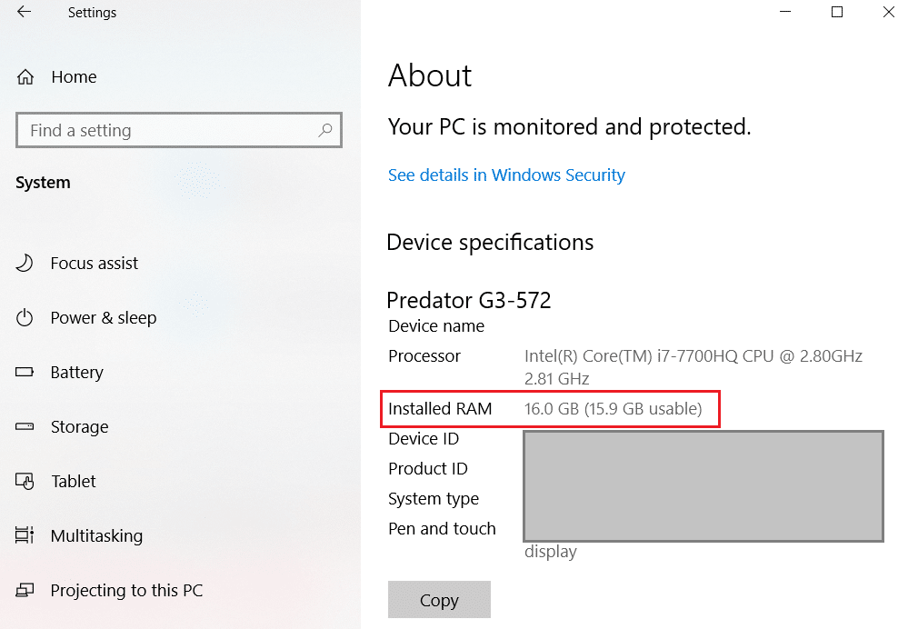 Check RAM installed on Windows 10 PC