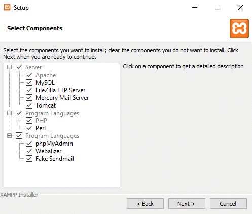 Check the boxes against the components( MySQL, Apache, etc.) want to install. Leave the default option and click on Next button