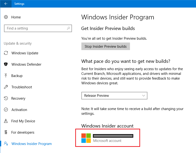 Check if the Microsoft account registered with the Insider program is correct