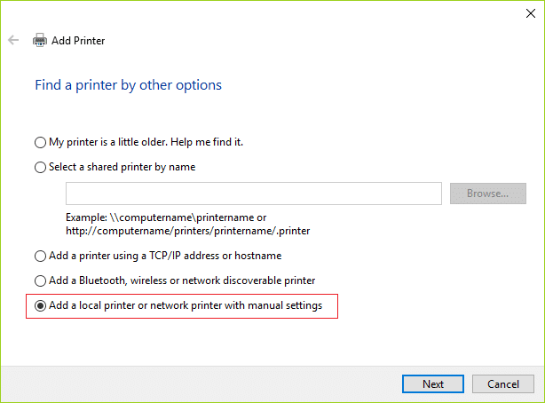 Check mark Add a local printer or network printer with manual settings and click Next