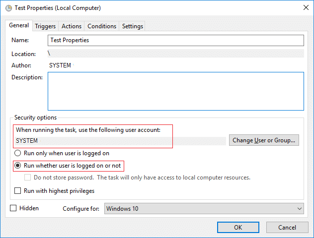 Check mark Run whether user is logged on or not