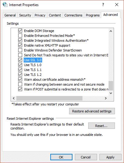 Check mark SSL in Internet Properties