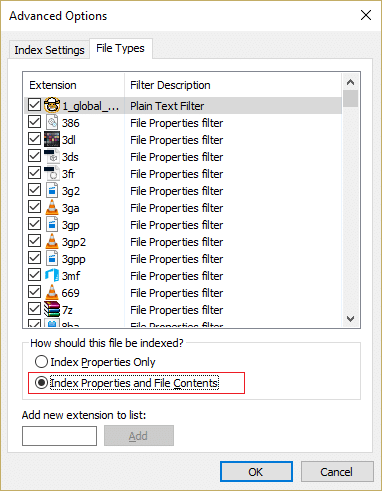 Check mark option Index Properties and File Contents under How should this file be indexed