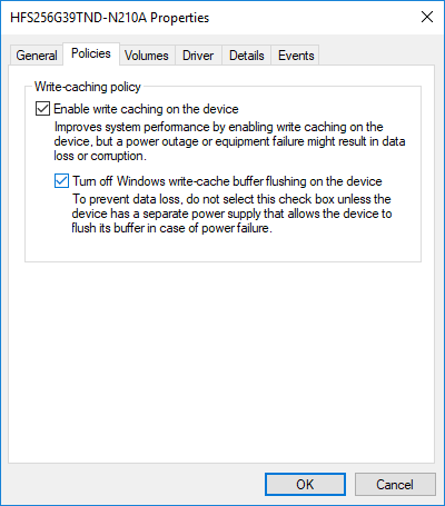 Check or uncheck Turn off Windows write-cache buffer flushing on the device