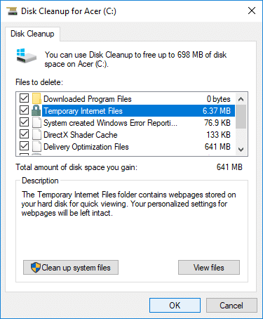 Check or uncheck all the items you want to include in Disk Cleanup