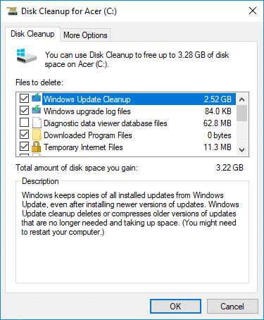 Check or uncheck items you want to include or exclude from Disk Cleanup
