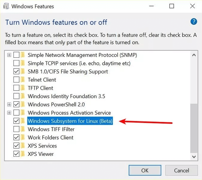 Check the checkbox next to Windows Subsystem for the Linux option | How To Install Linux Bash Shell On Windows 10