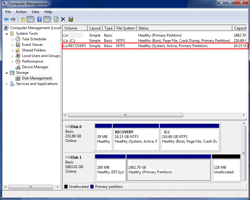 Check whether your computer has a Recovery partition in Disk Management