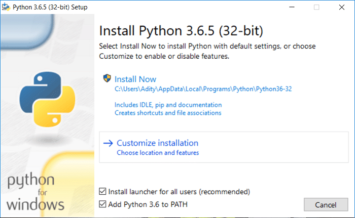 Checkmark 'Add Python 3.6 to PATH' then click on Customize installation