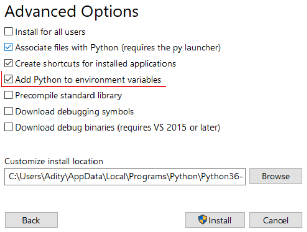 Označite Dodaj Python spremenljivkam okolja in kliknite Namesti