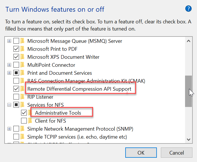Checkmark Administrative Tools & Remote Differential Compression API Support