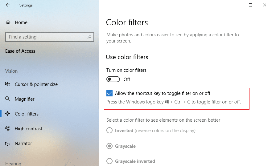 Checkmark Allow the shortcut key to toggle filter on or off Color Filter