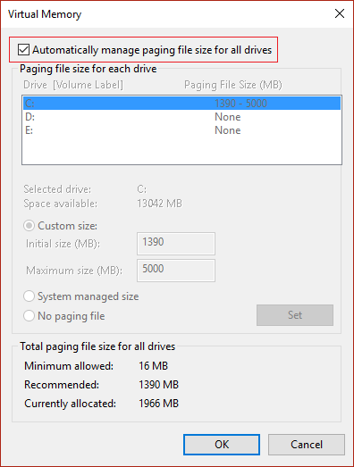 Checkmark Automatically manage paging file size for all drives