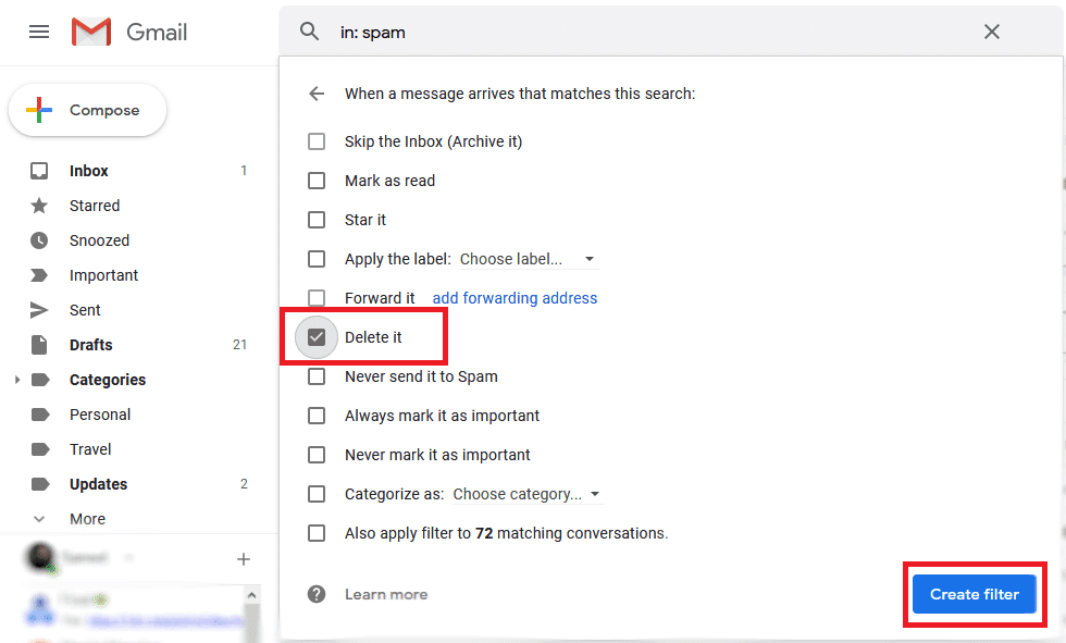 Checkmark Delete it option then click on Create Filter