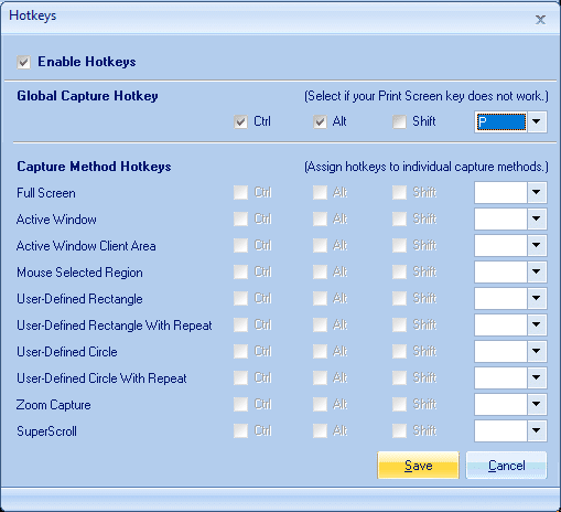 Checkmark Enable Hotkeys then under Global Capture Hotkey select any key