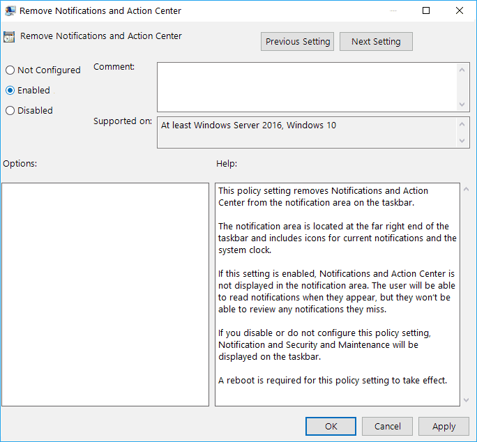 Checkmark Enabled in order to Disable Action Center