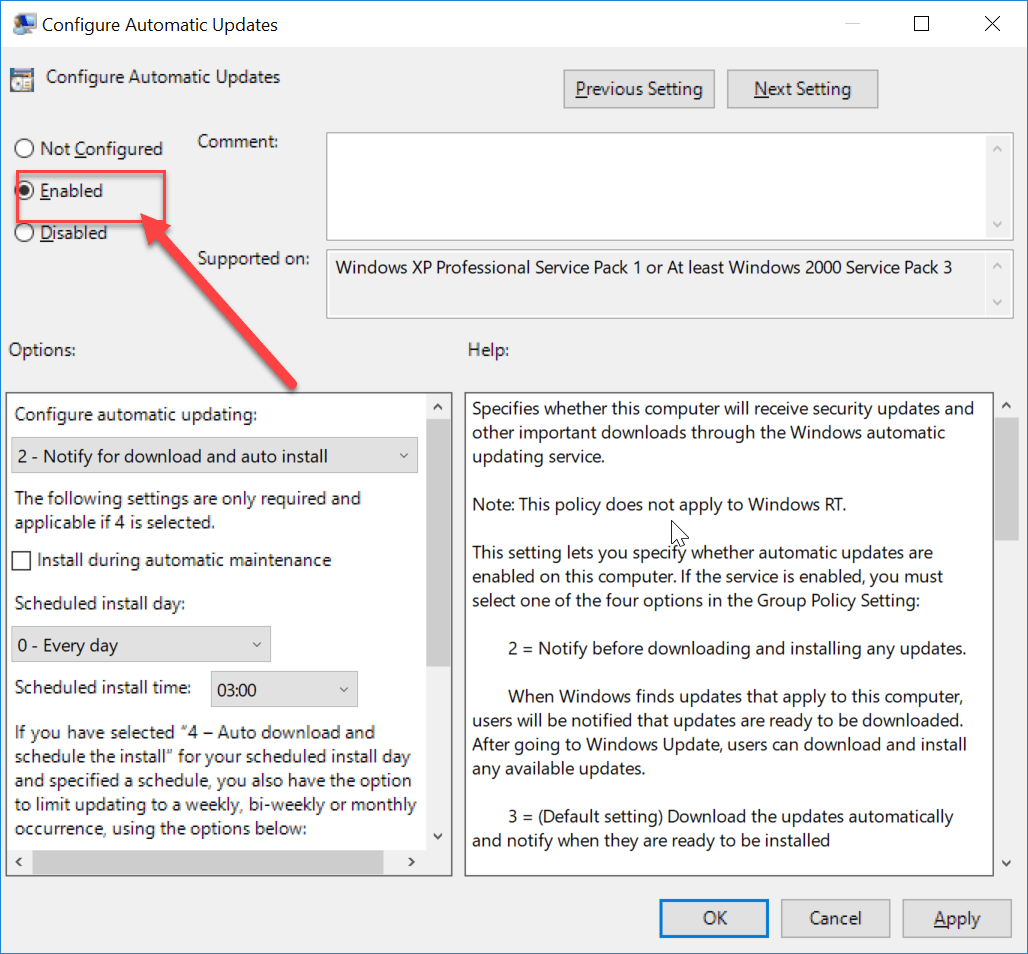 Checkmark Enabled to activate the Configure Automatic Updates policy