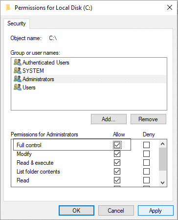 Checkmark Full Control For Administrators in Security Settings for local drive