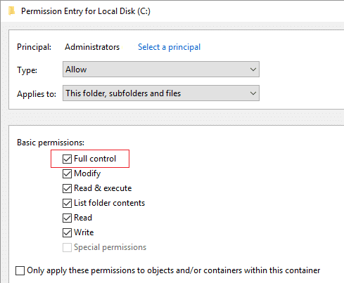Checkmark Full Control for Administrator Permissions