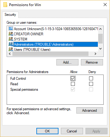 Установите флажок «Полный доступ для администраторов» в ключе Windows.