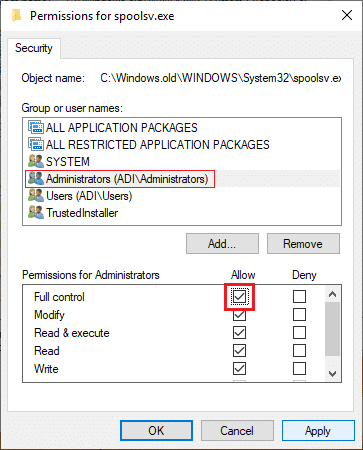 Checkmark Full control then click Apply followed by OK
