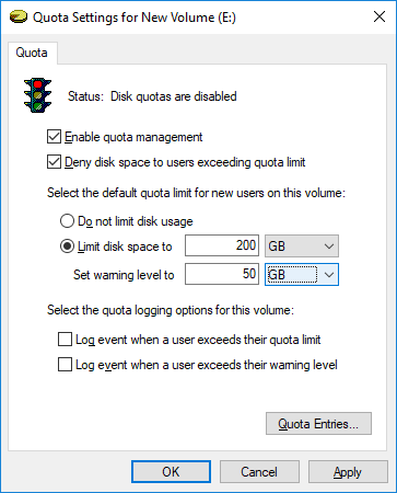 Checkmark Limit disk space to and set the Quota limit & warning level
