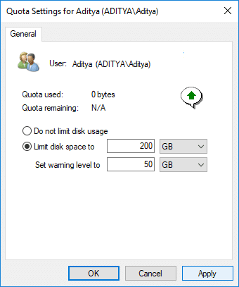 Checkmark Limit disk space to then set the quota limit and warning level for the specific user
