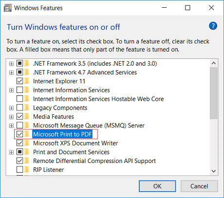 Windows Feature တွင် Microsoft Print to PDF ကို အမှတ်ခြစ်ပါ။