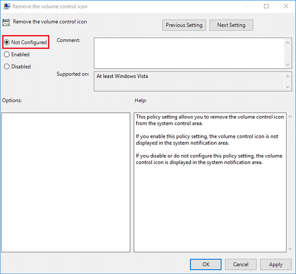 Checkmark Not Configured for Remove the volume control icon policy