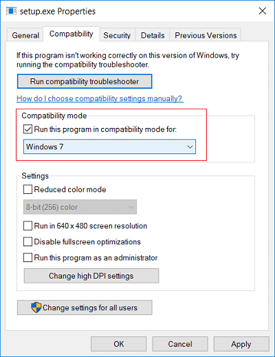 Checkmark Run this program in compatibility mode for then select your previous Windows version