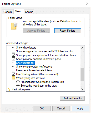 Checkmark 'Show Status bar' to Enable Status Bar in File Explorer in Windows 10