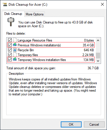 Checkmark Temporary Windows installation files option | Fix Blue Screen of Death Error (BSOD)